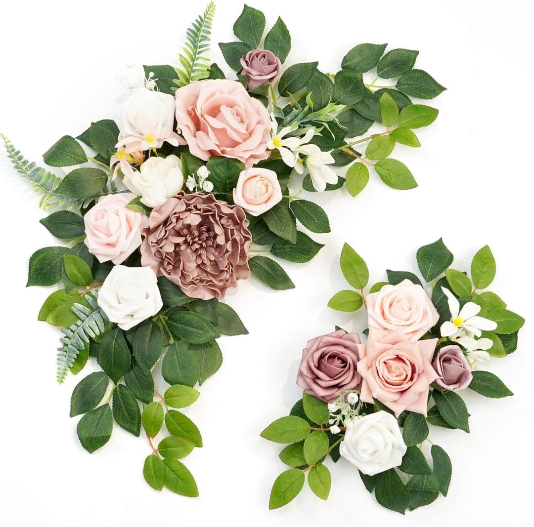 Wedding decor (Pack of 2) Welcome Sign Flower Backdrop Garland For Ceremony Reception Wall Easel Home Decoration Entryway Faux Outdoor Board Head Table Decor (Dusty Rose)