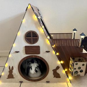 Tnstbiee Large Modern Wooden Rabbit Castle House Hutch - Bunny Hideout Indoor Habitats - Pet 2-Story Home Furniture（Excluding Street Lights）