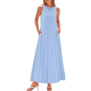 BTFBM 2025 Women Summer Vacation Dresses Sleeveless Crewneck Loose Beach Sundress Bubble Hem Tank Maxi Dress Pockets (Small, Light Blue)