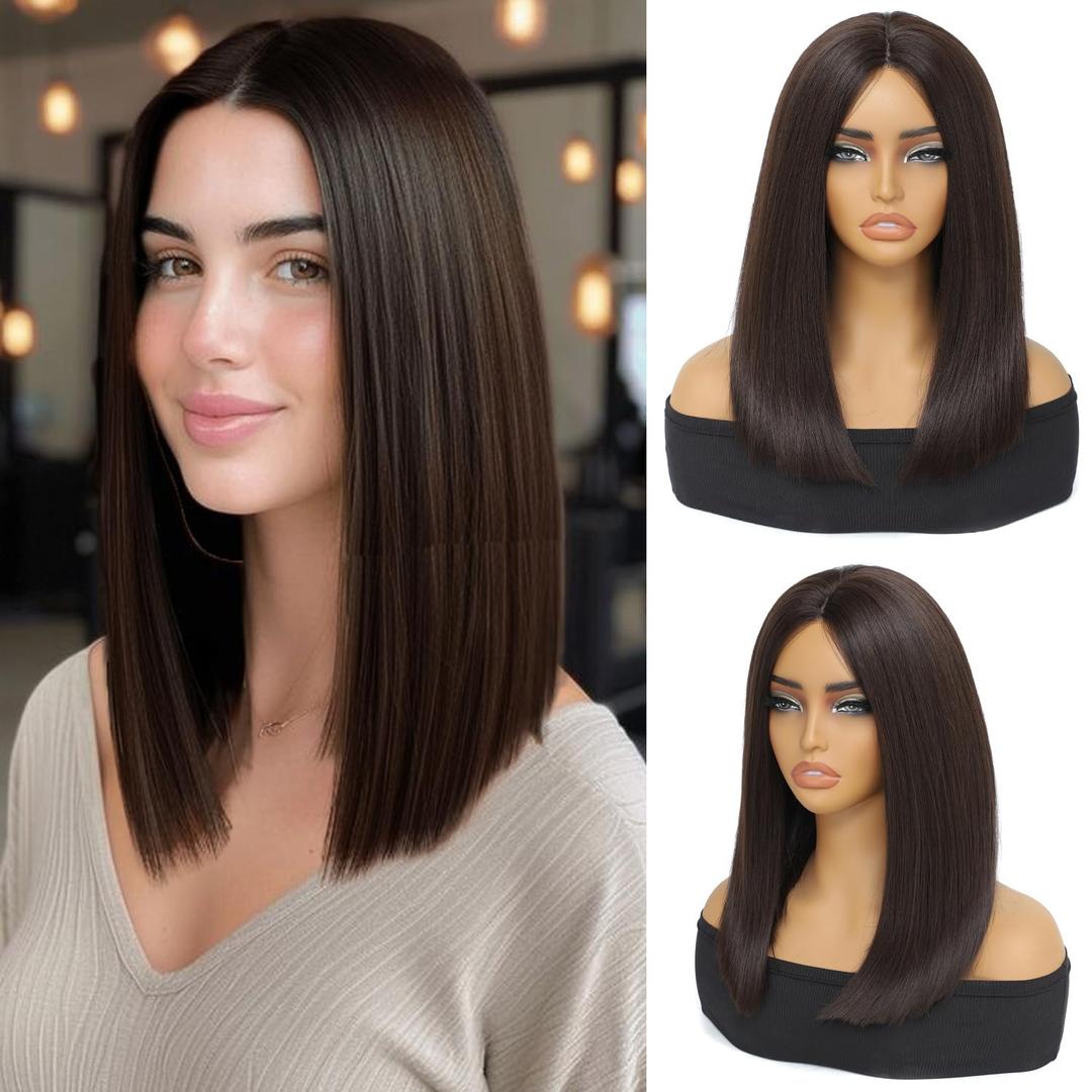 Brown Bob Wigs Glueless Straight Wigs For Women Synthetic Heat Resistant Fiber Hair long bob wig Middle Part Bob Wigs Medium Length Wigs for Women 16 Inch (Brown)