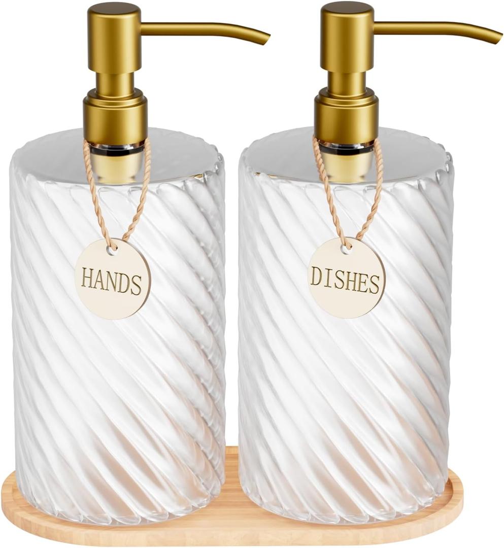 18Oz Spiral Stripe Soap Dispenser Set - Gold Stainless Steel Pump with Wood Tray, Refillable for Kitchen Sink & Bathroom Vanity, Dish Liquid & Hand Soap Storage Solution