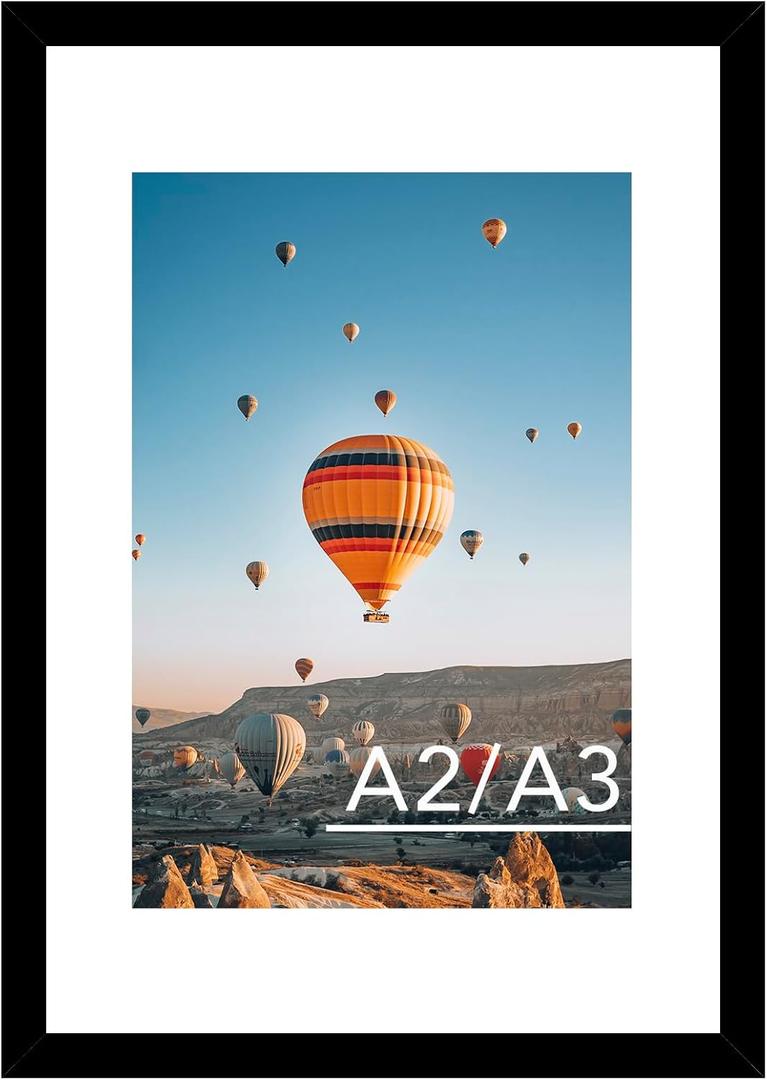 16.5x23.4 A2 Picture Frame Black with 11.7x16.5 A3 Mat, Display Photo 11.7x16.5 with Mat or 16.5 x 23.4 Without Mat, Wall Hanging Large Frame with Plexiglass, Black
