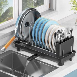 LIONONLY Small Dish Drying Rack, Compact Dish Rack for Kitchen Counter with Removable Cutlery Holder, Multifunctional Stainless Steel Dish Drainer, Space Saving