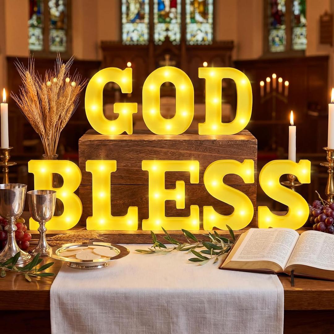 Aurelema 8 Pcs God Bless LED Letter Lights Sign God Bless Baptism Decorations Battery Powered Primera Comunion First Holy Communion Decorations for Baptism Party