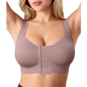 BRABIC Front Closure Post Surgery Compression Bras for Women Mastectomy Bra with Adjustable Straps Wirefree Bra (XX-Large, Purple Brown)