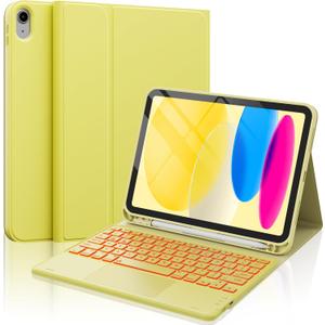 CHESONA for iPad 10th Generation Case with Keyboard, 7 Color Backlight, Multi-Touch Trackpad, Flip Stand Case with Pencil Holder, 2 Wireless Channels for iPad (A16) 11th/10th Gen 2025/2022, Yellow
