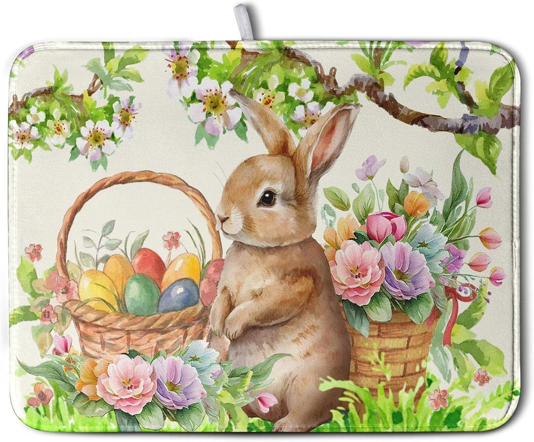 Happy Easter Bunny Kitchen Dish Drying Mat for Dishes 18x24 Inch Spring Colorful Floral Flower Basket Drying Mats Easter Eggs Dish Drainer Mat Super Absorbent Dish Rack Pad for Coffee Bar Sinks, 18" x 24", Easter Egg Bunny