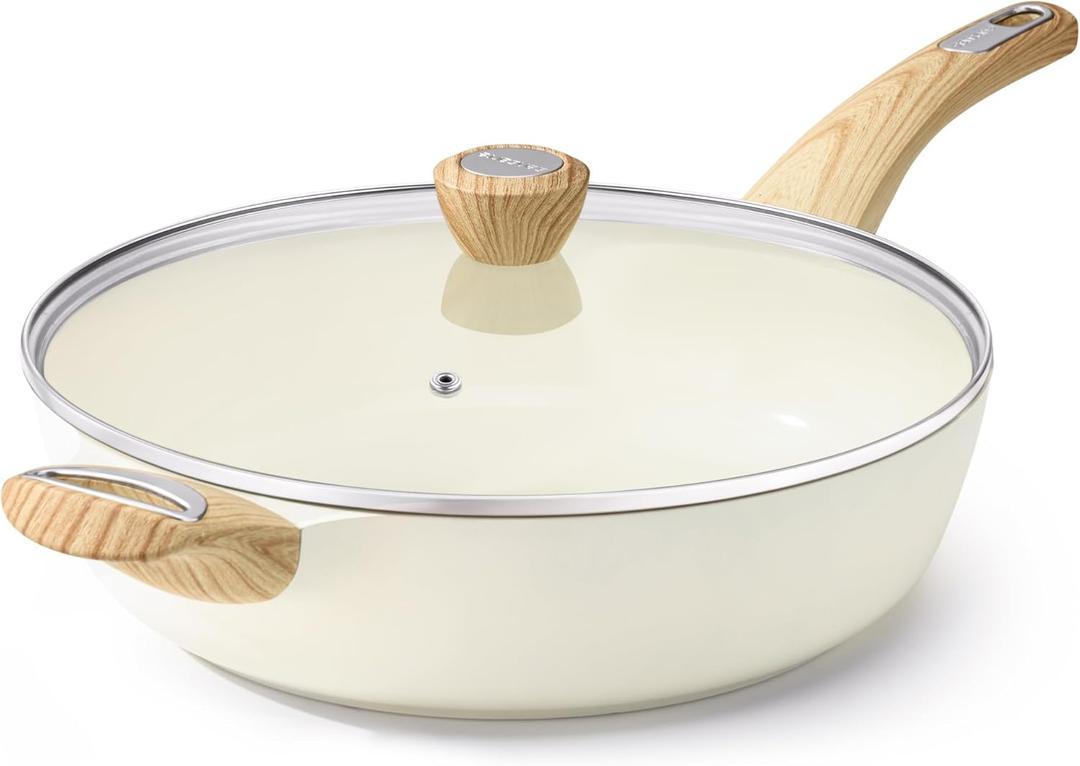 SENSARTE Ceramic Nonstick Frying Pan Skillet with Lid, 12 Inch Large Deep Frying Pan, 5 Qt Saute Pan, Induction Pan, Healthy Non Toxic Cooking Pan with Helper Handle, PFOA PFAS PTFE Free (5QT / 12IN, Ceramic White)