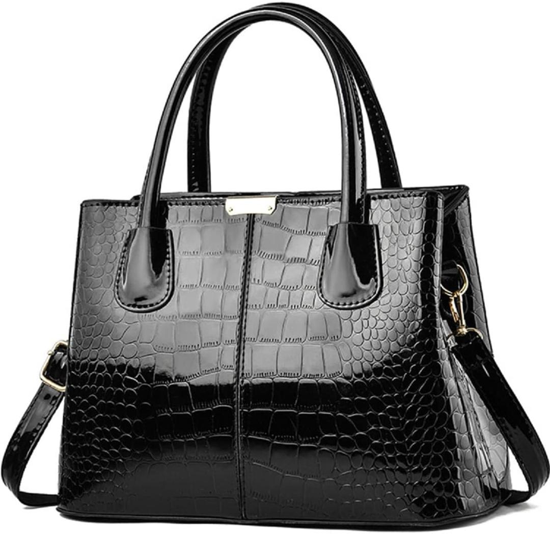 XingChen Handbag and Purse for Women Patent Leather Shoulder Bag Crocodile Pattern Top-Handle Satchel Tote Wallet (Black)