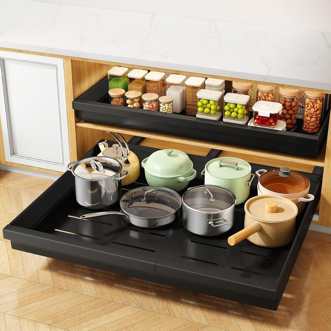 Pull out Cabinet Organizer, 4-Pack Expandable(13.6"-24") Silde out Drawers with Raising Pad for Framed Cabinets, Adjustable Full-Extension Roll out Shelves for Kitchen Pantry Home Pot and Pan(Black)