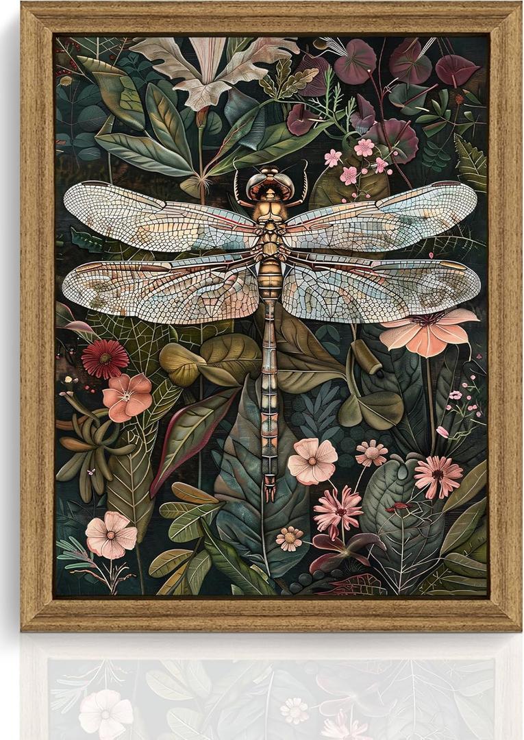 ICHZUMW William Morris Vintage Dragonfly Canvas Wall Art Framed, Green Botanical Wall Decor Pictures for Bedroom Living Room, Colorful Nature Painting Artwork Prints, Rustic Home Decorations, 8x10in (10L" x 8W")
