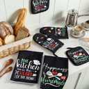 Sratte 6 Pcs Kitchen Decor Accessories Set Farmhouse Towels Pot Holders Oven Mitts Set 2 Dish Towels 2 Potholders 2 Cooking Mittens Oven Glove for Christmas Baking Cooking (Black Color)