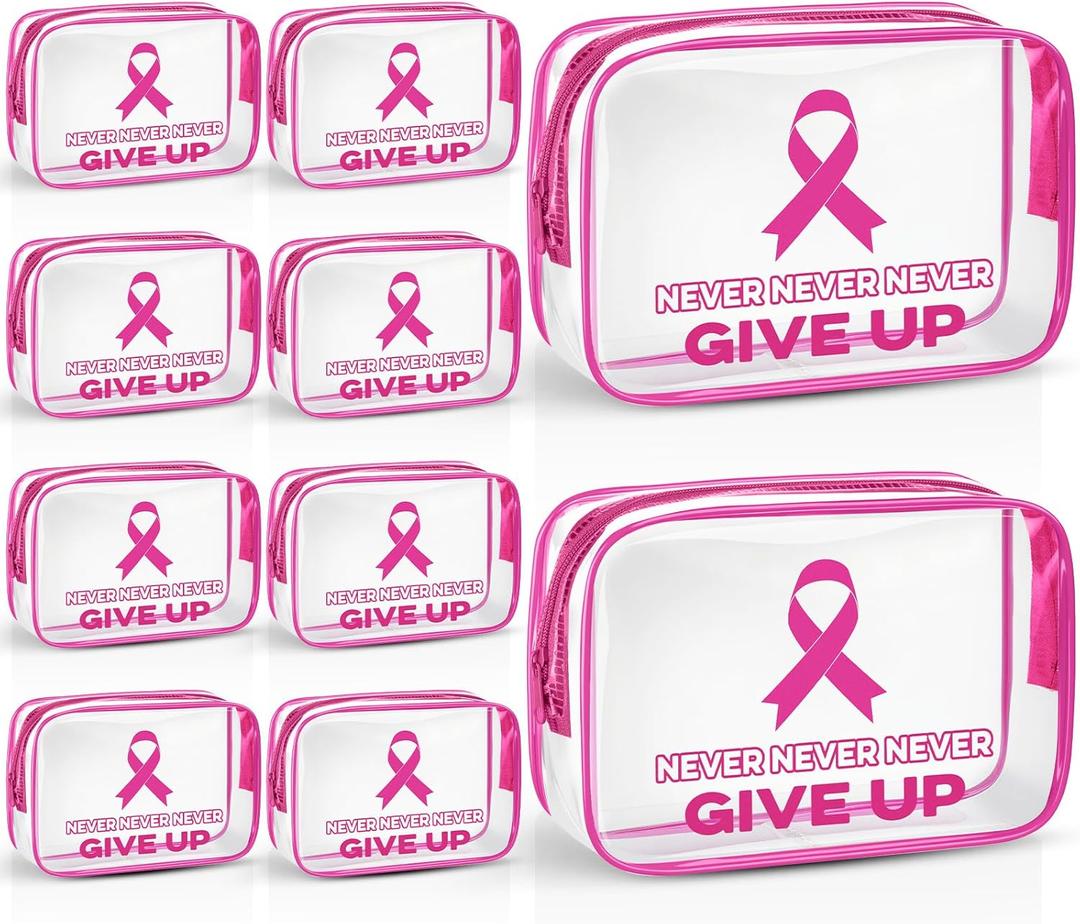 Set of 10 Small Makeup Bag Breast Cancer Awareness Pink Ribbons Cosmetic Bags PVC Waterproof Travel Organizer Toiletry Makeup Pouches Breast Cancer Gifts for Women Nurses(Character Style)