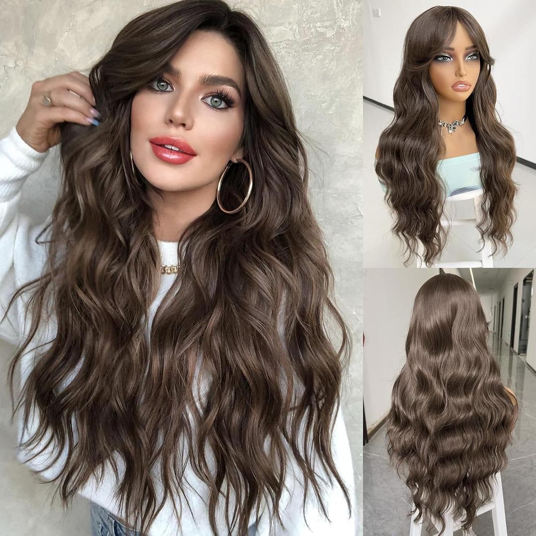 LEOSA Dark Brown Wig,26 Inch Long Wavy Chocolate Brown Layered Wig with Curtain Bangs for Women Synthetic Natural Looking Middle Part Hair Wig for Daily Party,Dark Brown