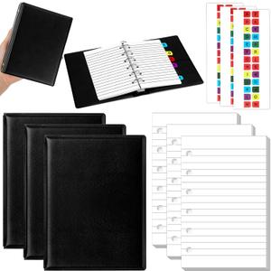 Engrowtic 3 Set Mini 6 Ring Binder 3 x 5 Inch 300 Paper Refill 78 Alphabet Dividers Small Index Tabs 3 Black PU Leather Binder Professional Ring Planner Notebook Kit(Lined)
