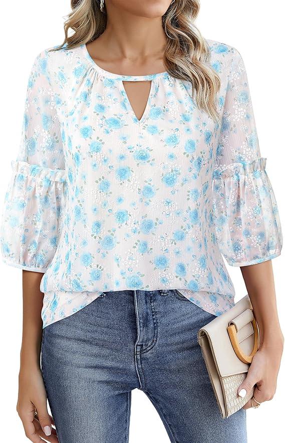 Timeson Business Tops for Women: 3/ 4 Sleeve - Women Blouse - Women Shirts Casual Dressy Spring Floral Ladies Tops office Work Clothing Summer Chiffon Tunic Loose Fancy Professional Interview Outfits, Size: XL
