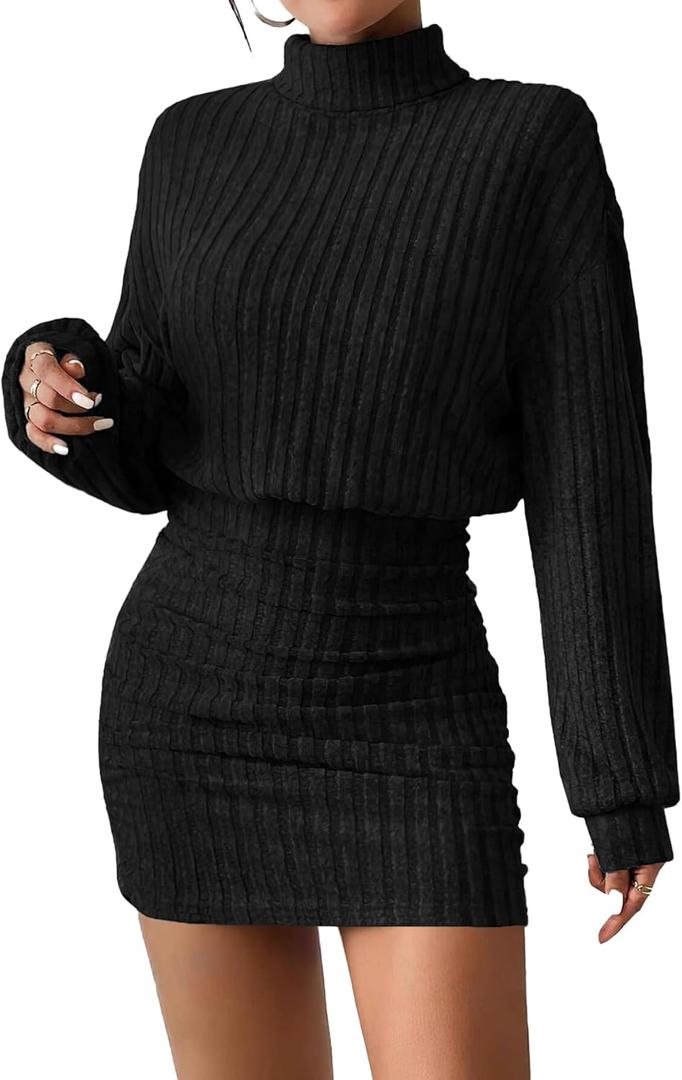 AUXDIO Women's Mock Neck Sweater Dress Fall Long Lantern Sleeve Bodycon 2026 Pullover Mini Short Dresses (Medium, Black)