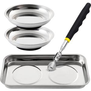 3 Pieces Magnetic Trays with 8LBs Telescoping Magnetic Pick-up Tool Set, 9.5" Rectangle, 2 Pieces 4" Stainless Steel Magnet Parts Tray for Screws, Sockets, Bolts, Mechanic's