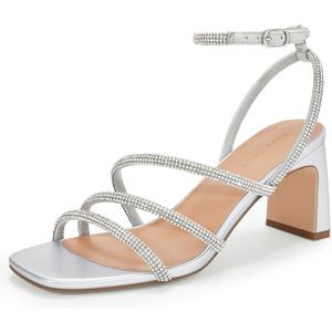CosyFever Womens Rhinestone Sandals Ankle Strap Square Toe Dressy Heels Shoes for Party Wedding Dressy Dating (9, Silver)
