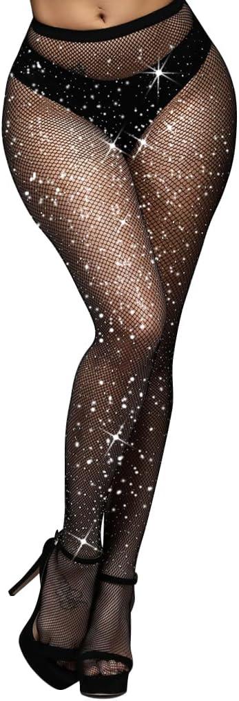 DUCMODA Women's Sparkly Fishnet Stockings Rhinestone Sexy High Waist Tights Glitter Party Concert Pantyhose One Size