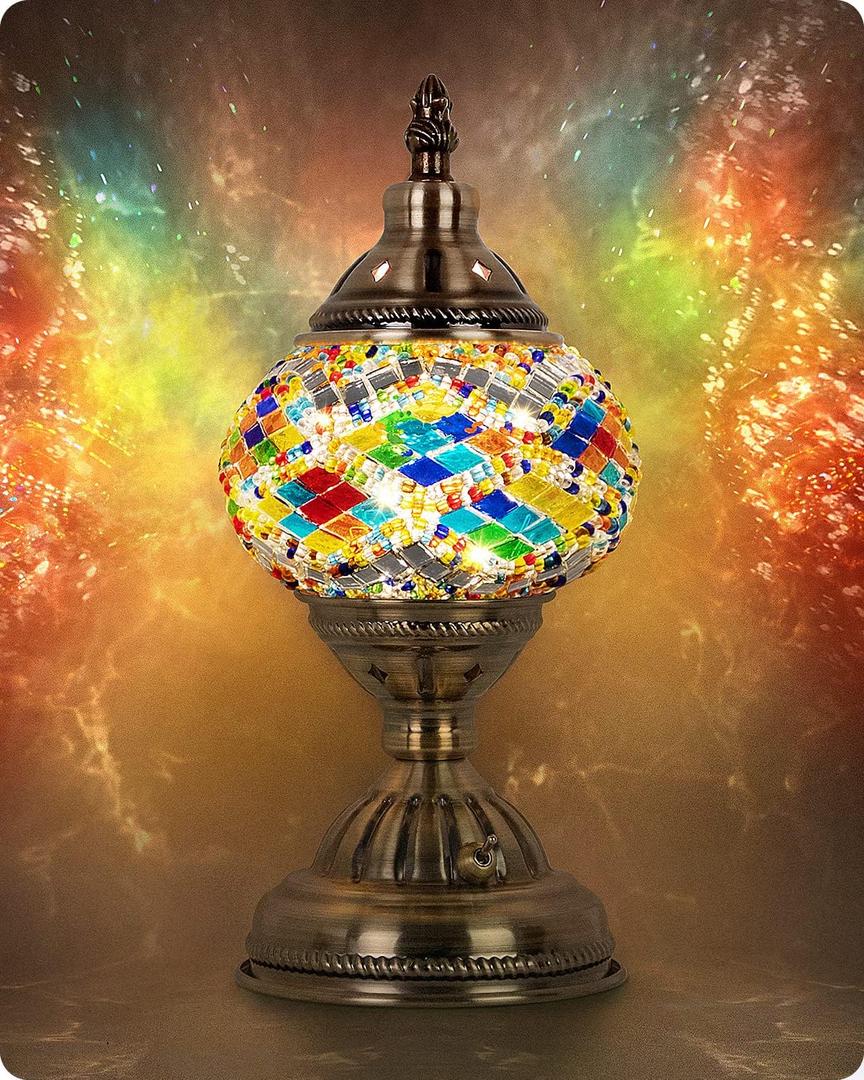 Yarra-Decor Turkish Moroccan Lamp with Bronze Base Handmade Tiffany Mosaic Glass Lamps Portable Bedside Lamps with Rechargeable Battery 2000mAh (LED Bulb Included) (Color1)