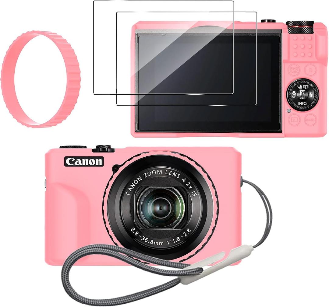 Silicone Case for Canon PowerShot g7x Mark iii with Removable Lens Cover and 2PCS Screen Protector and a Lanyard g7x Mark iii case - (Pink)