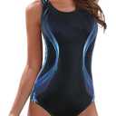 Athletic One Piece Swimsuit Women Modest Criss Cross Back Bathing Suit Quick Dry Full Coverage Swim Suit (10-12, 2 Blue&green)