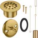Tub Drain Linkage Assembly with Trip Lever and Strainer Done Cover, Trip Lever Overflow Faceplate Trim Kit with Screws, Fit for Trip Lever Bath Tub Waste and Overflow Drain(Brushed Gold)