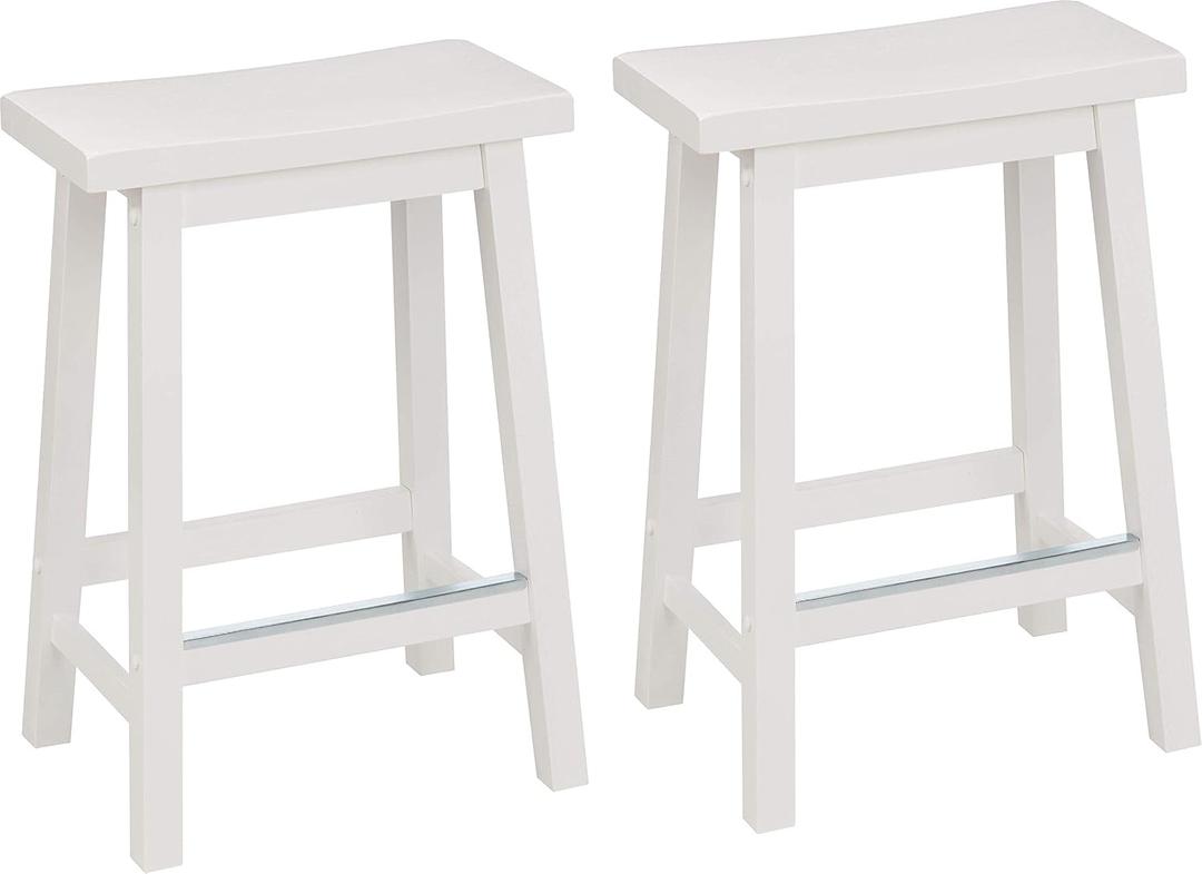 Amazon Basics Solid Wood Saddle-Seat Counter Height Bar Stools for Kitchen Island with Footrest, Sturdy Construction, 24-Inch Height, White, Set of 2