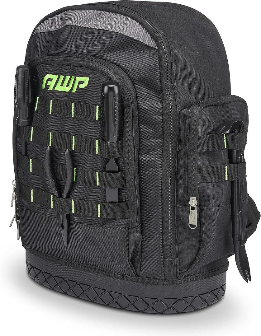 AWP Extreme Tool Backpack, Rugged Polyester Jobsite Backpack with Waterproof Molded Base, Padded Shoulders and Waist Straps, 23 Tool Storage Pouch Pockets, 1L-22419-2