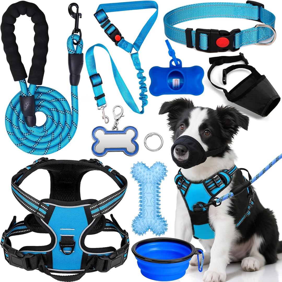No Pull Dog Harness Adjustable Collar & Leash Set - Dog Halter Harnesses Collapsible Bowls & Poop Bag Dispenser Muzzle ID Tags Toys Fits Small Medium Large Dogs (Blue-M)