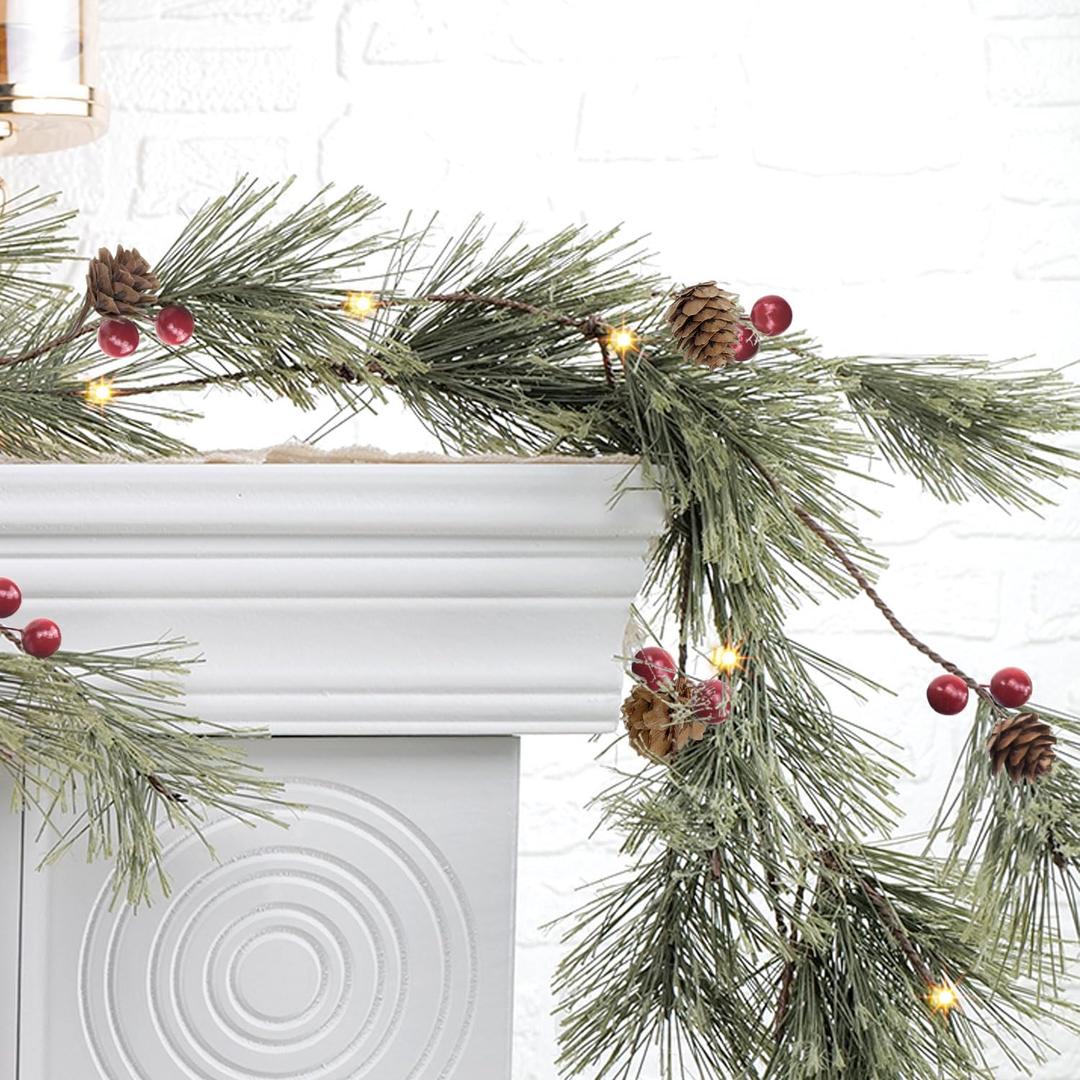 6.4FT Rustic Christmas Garland with Light, Pre-lit Outdoor with Pine Needles Cones for Fireplace Door Porch Mantel Centerpiece Xmas Decoration, Green (Dense Pine Needle)