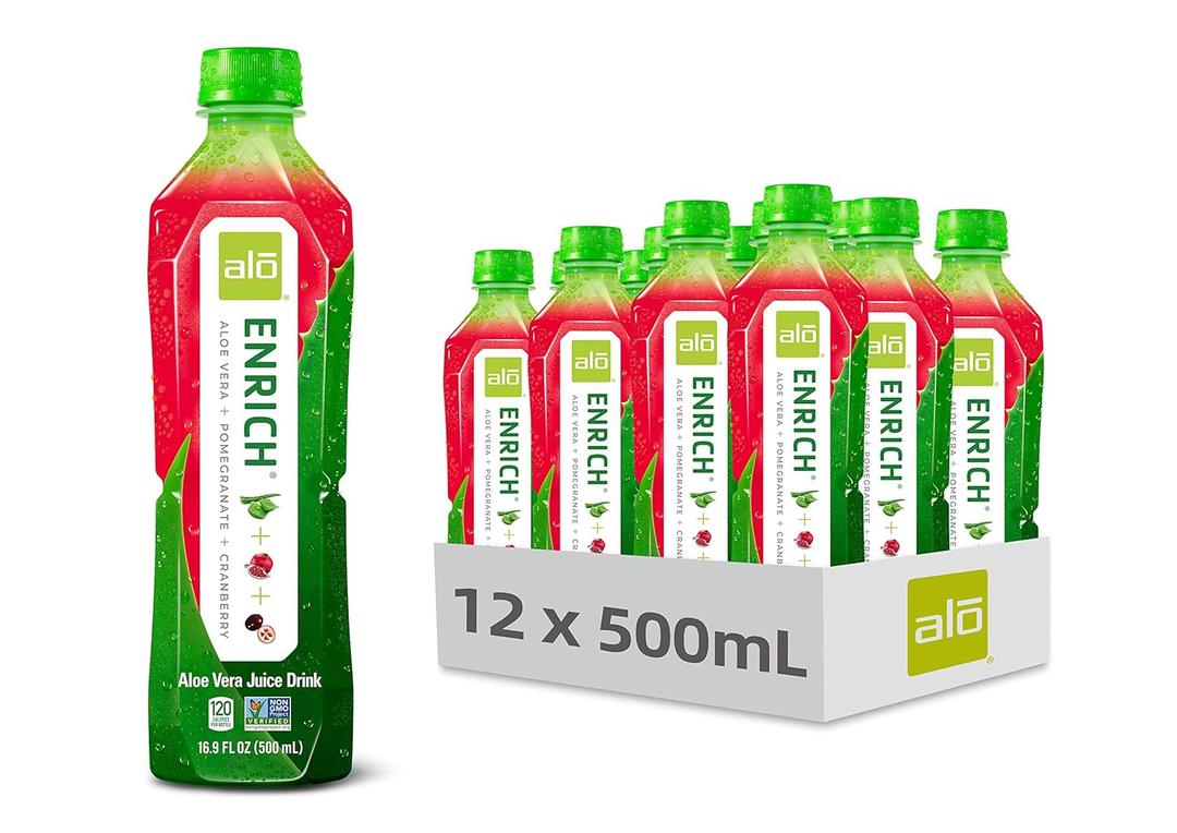 ALO Aloe Vera Juice Drink | ENRICH - Pomegranate + Cranberry | 16.9 fl oz, Pack of 12 | Plant-Based Drink with Real Aloe Pulp, BB DEC162026