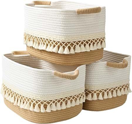 2 Pack Woven Storage Bin, Cotton Rope Basket for Storage, Clothes Boho Basket Bin for Organizing, Fabric Basket for Books, Plants, Pet Treats, White & Jute