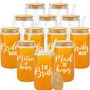 Brides Maid Gifts, Glass Cup With Bamboo Lid & Glass Straws, Pack Of 12
