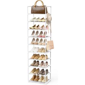 Metal Rack Organizer 10 Tiers Tall for 20-24 Pairs - Narrow Shoe Racks for Closets Entryway - Vertical Boots Organizer Storage - Sturdy White Shelf Cabinet