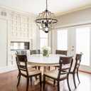 Farmhouse Chandelier for Dining Room Vintage Rustic Oak Distressed White 23'' 6-Light Wood Pendant Lighting Globe Hanging Ceiling Light Fixtures for Entryway Foyer Kitchen Living Room