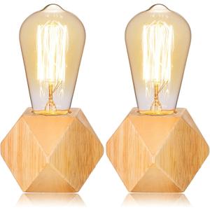 Riakrum 2 Pieces Industrial Wooden Lamp Base E26/ E27 Vintage Desk Lamp with Switch Plug Wood Small Lamp Base Polygon Industrial Night Light Boho Decor for Living Room Bedroom (No Bulb)