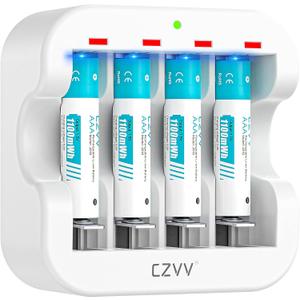 Rechargeable AAA Lithium 1.5V Batteries - Full-Recharged 4 Pack with 2H Ultra Fast Charger for Household Office Devices, Long-Lasting High-Capacity 1100mWh, Cycle Times up to 1300x, Constant Output Rechargeable AAA Lithium 1.5V Batteries - Full-Recharged 4 Pack with 2H Ultra Fast Charger for Household Office Devices, Long-Lasting High-Capacity 1100mWh, Cycle Times up to 1300x, Constant Output