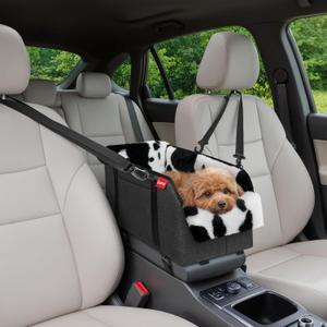 BurgeonNest Center Console Small Dog Car Seat - Portable Pet Cat Puppy Booster Armrest Carseat Up to 11lbs, Anti-Collapse Comfort Car Travel with Washable Fluffy Cushion and Pillow, Milk Cow