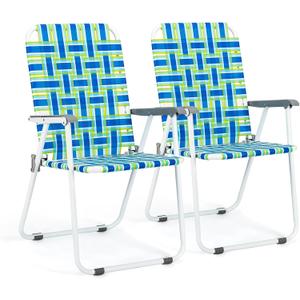 VINGLI Patio Lawn Webbed Folding Chairs Set of 2, Outdoor Beach Portable Lawn Chair Camping Chair Beach Chair for Yard, Garden Dining (Blue, Classic)