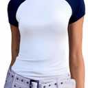 Abardsion Trendy Baby Tees for Women Y2K Shirts Cute Short Sleeve Crewneck Slim Fit Going Out Tops (Large, White & Navy Blue-sleeve)