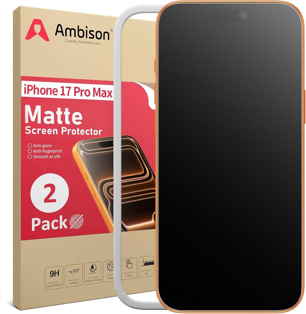 Ambison 2 Pack Matte Screen Protector for iPhone 17 Pro Max 6.9inch 2025 Tempered Glass, ,Scratch Resistance Military Grade, Anti Glare & Anti Fingerprint, No Bubbles, Smooth as Silk, Easy Installation Frame