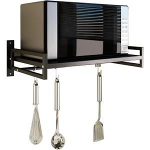 ABCOOL Wall Mount Microwave Oven Shelf Rack for Kitchen Home, Black Carbon Steel Counter Countertop Holder with Hook Rail and 3 Slidable Hooks