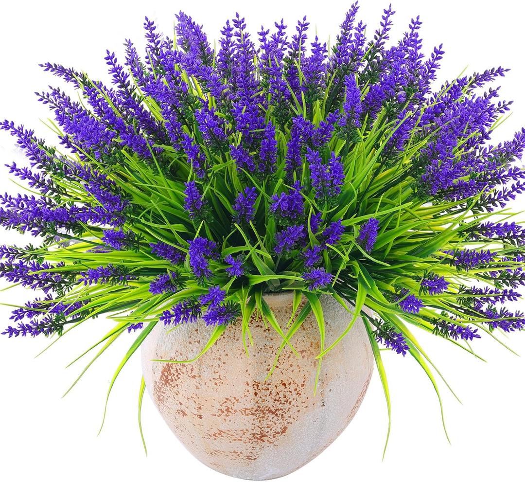 44 Pcs Artificial Outdoor Flowers Lavender Fake Greenery Plants UV Resistant Grass with Purple Flowers for Pot Decor for Window Garden Patio Hanging Planter Pathway Front Porch (44, Purple)