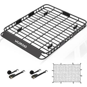Wildroad Roof Rack Cargo Basket, Upgraded 4 Fence Wide Car Roof Basket, 64"x 50"x 4" Universal Car Top Carrier Basket with Super Duty Bungee Cargo Net and Ratchet Straps Fits for SUV Truck Cars