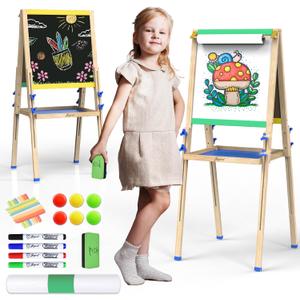 JOYOOSS Easel for Kids Ages 4-8 Easels for Toddlers, Toddler Art Kids Easel Adjustable Wooden Magnetic Whiteboard Chalkboard for Kid Dry Erase Board for Toddlers 3-4 Years Dual-Sided Drawing, 10 inches