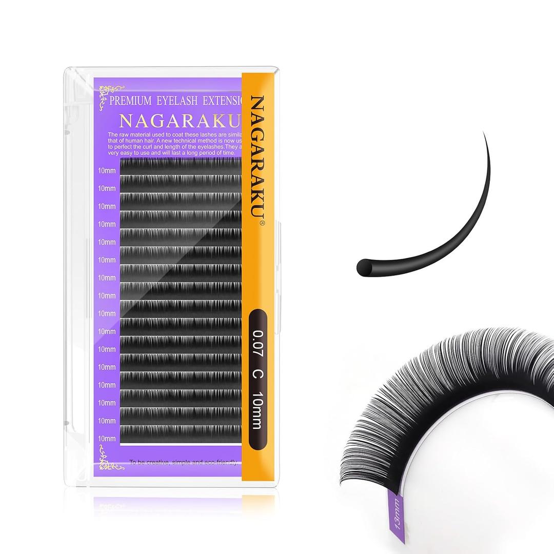 NAGARAKU Eyelash Extensions Individual Lashes 0.07mm C curl 10mm Classic Matte Black Soft Natural Professional 16 rows Beauty Salon Supplies - Purple Card