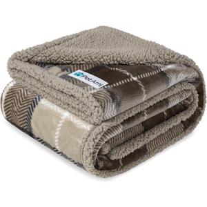 PetAmi Waterproof Dog Blanket for Medium Large XL Dog Puppy Cat Throw for Couch Cover Leakproof Protection, Sherpa Fleece, Reversible Soft Washable 80x60 Plaid Taupe