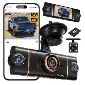 4 Channel 360° Dash Cam Front Rear Inside & Left Right, 4K+1080P*3 FHD Car Camera, 5GHz WiFi & App Control, 24H Parking Mode, 8 IR Lamps Night Vision, G-Sensor, Loop Recording, Includes 64GB SD Card（Black）